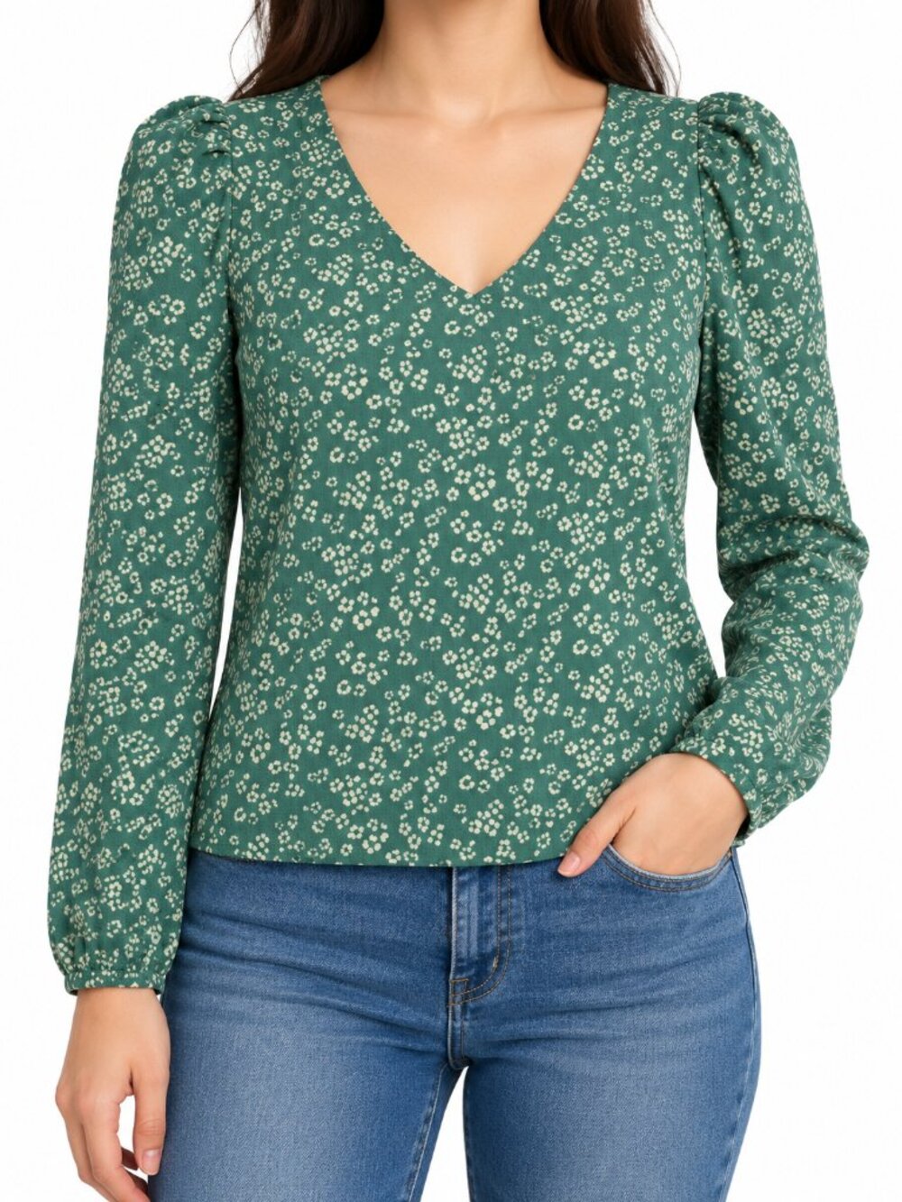 Good Luck Gem Green Floral V-Neck Long Sleeve Top XL NWT